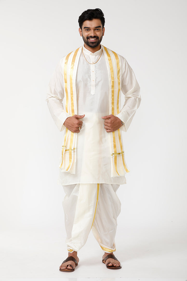 UATHAYAM Subha Mangalam Cream Color Silk Kurta Full Sleeve & Panchakacham 3 in 1  Set For Men