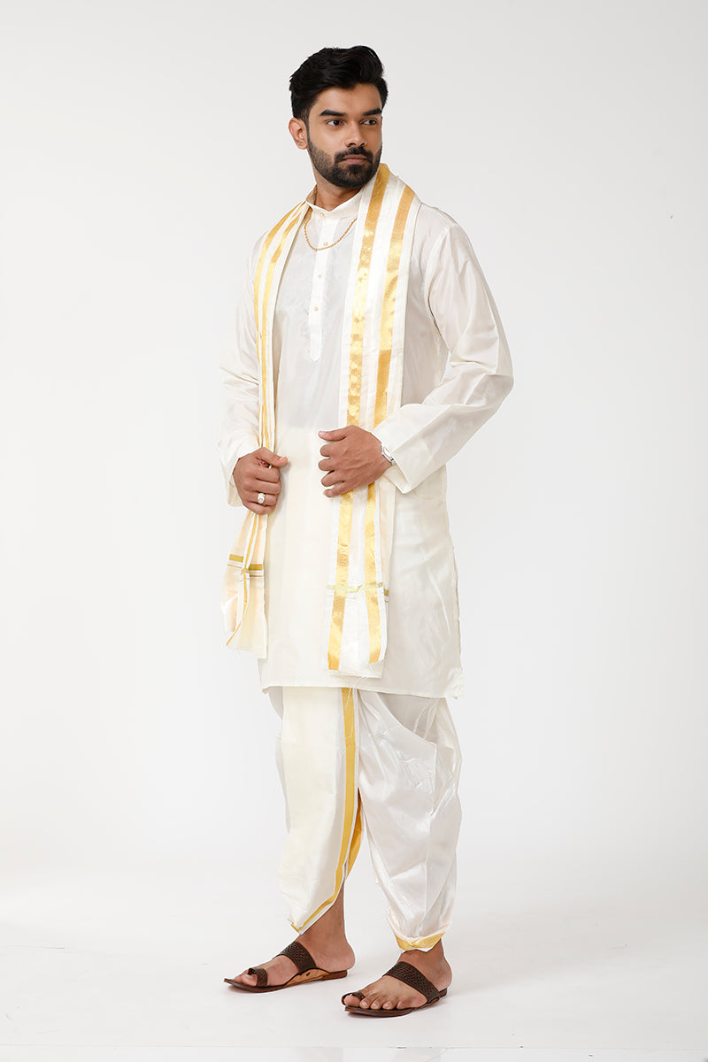UATHAYAM Subha Mangalam Cream Color Art Silk Kurta Full Sleeve & Panchakacham 3 in 1  Set For Men