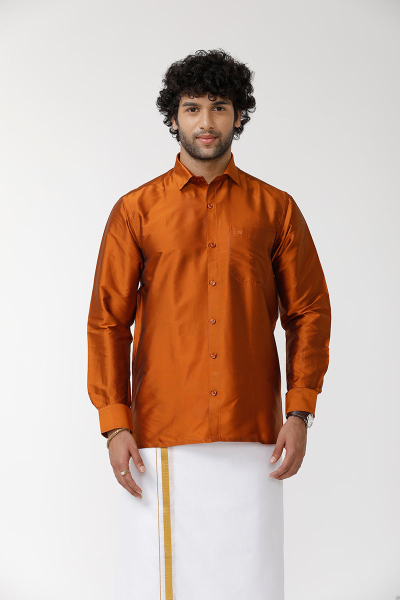 Mens Silk Solid Shirt Full Sleeves - Golden Rod SF07