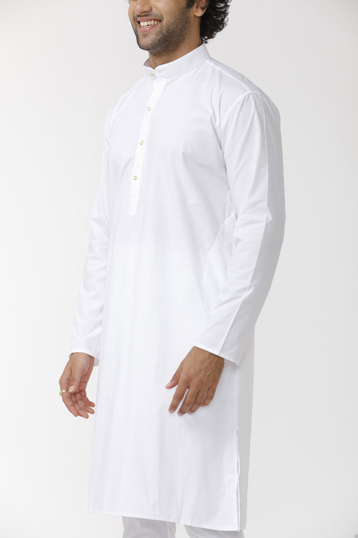 UATHAYAM Classic Cotton Knee Length White Full Sleeve Kurta and Pyjama Combo For Men