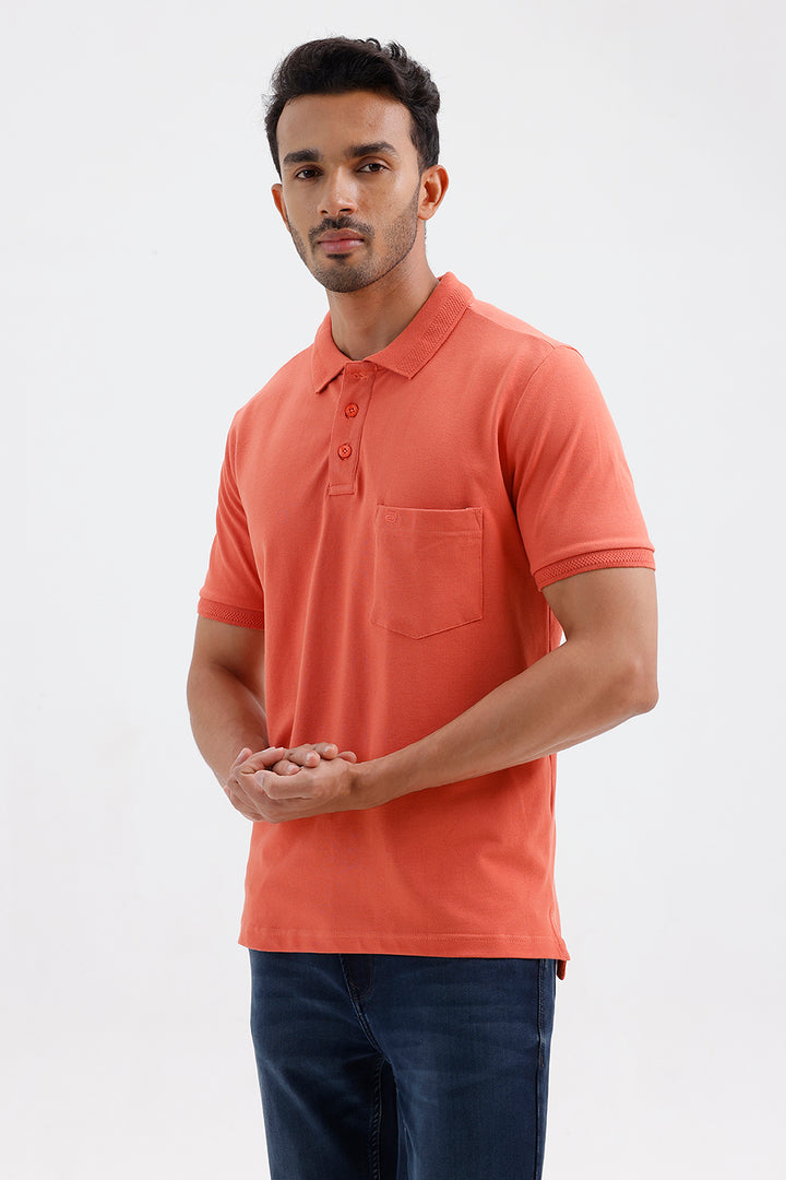 Stylish Coral Orange Lycra Polo Men's T-Shirt