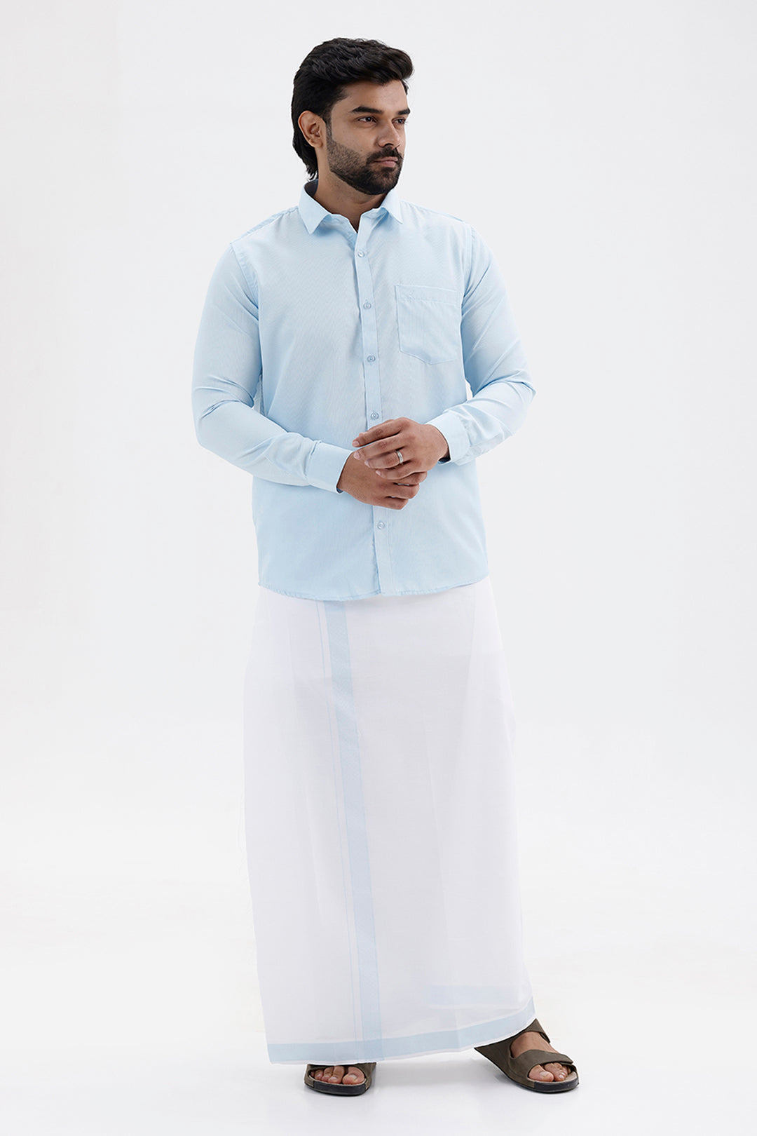 Max Light Blue Shirt and Fancy Border Dhoti Set for Men