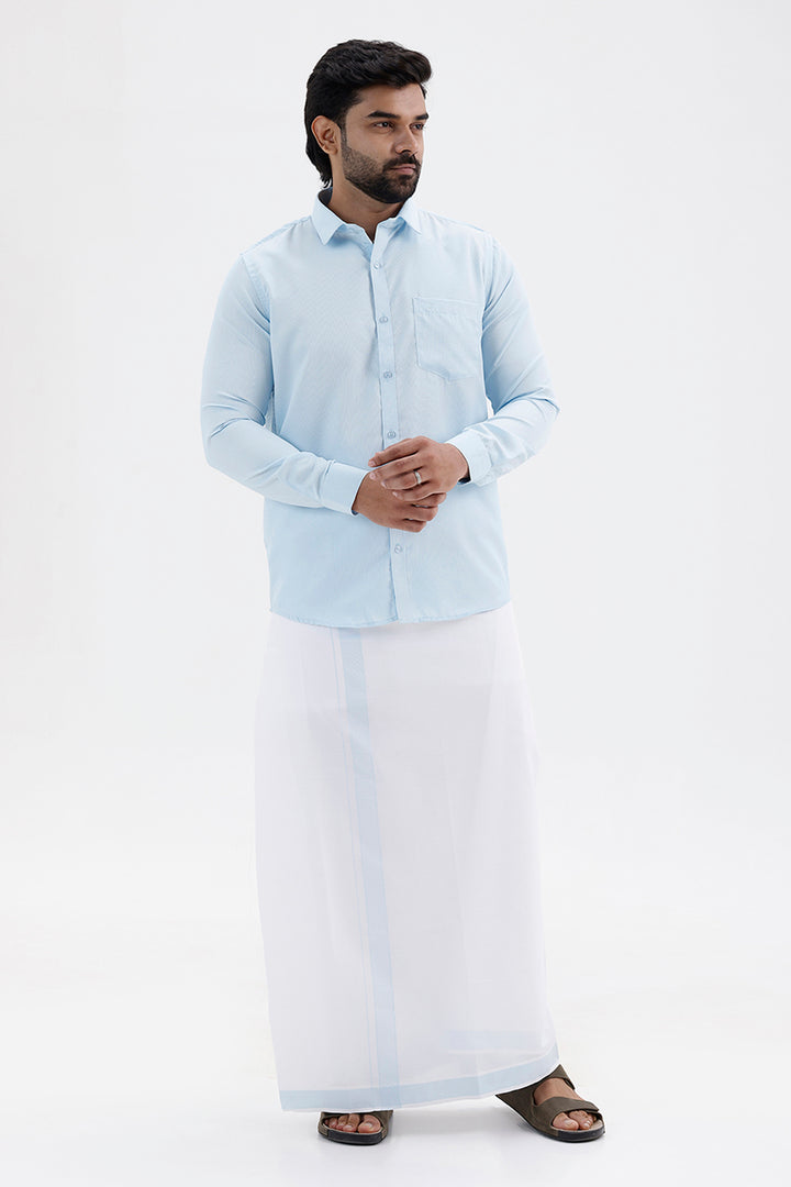 Max Light Blue Shirt and Fancy Border Dhoti Set for Men