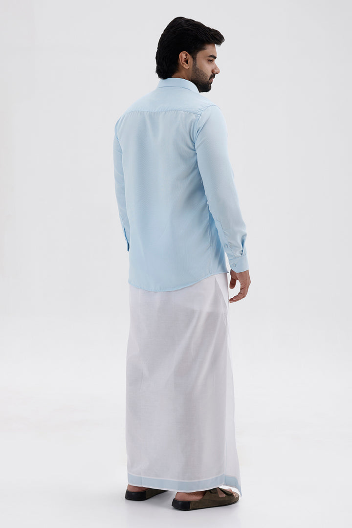 Men's Light Blue Single Layered Fancy Border Dhoti Set with Shirt