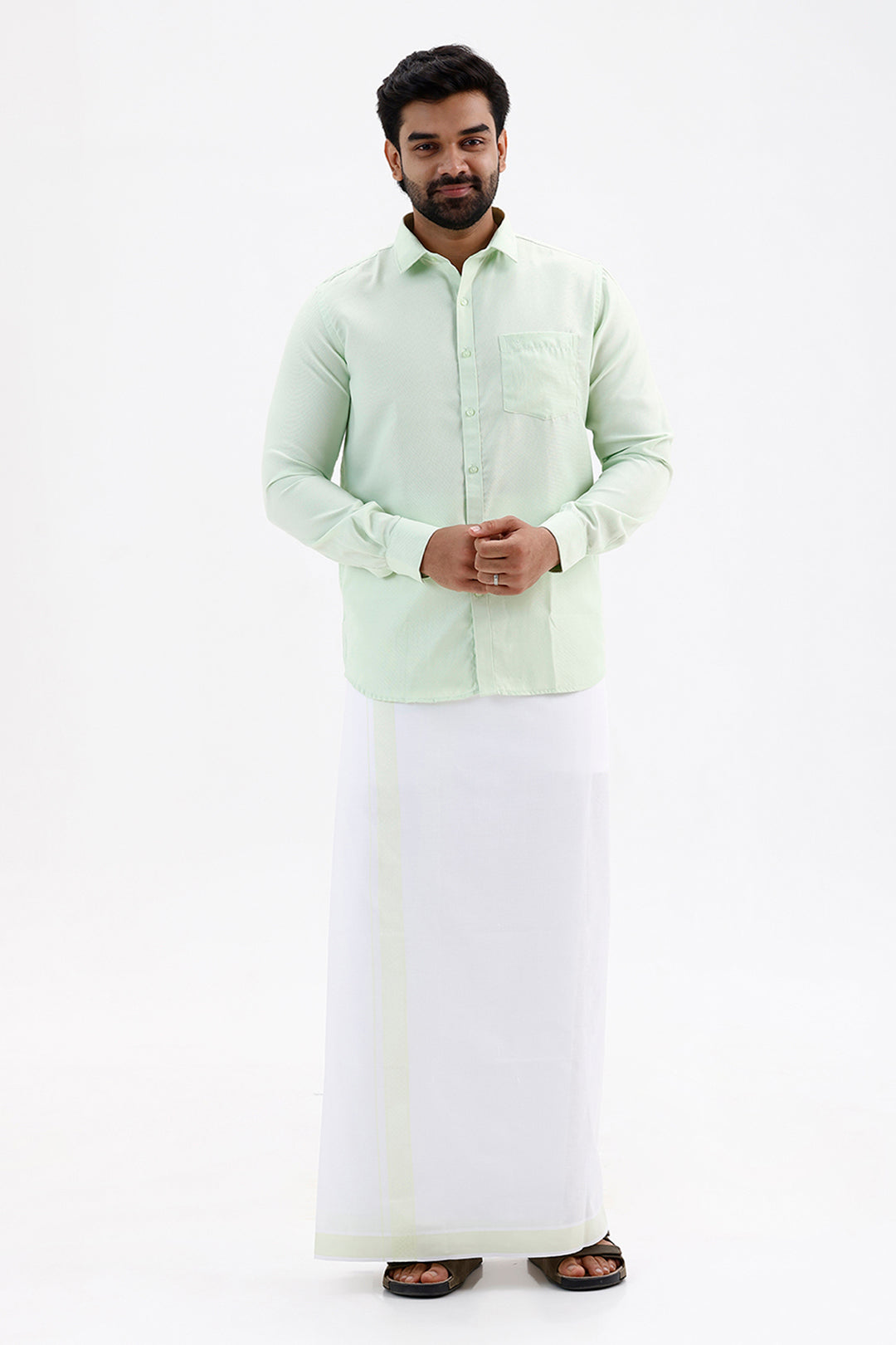 Max Pistachio Green Shirt and Fancy Border Dhoti Set for Men