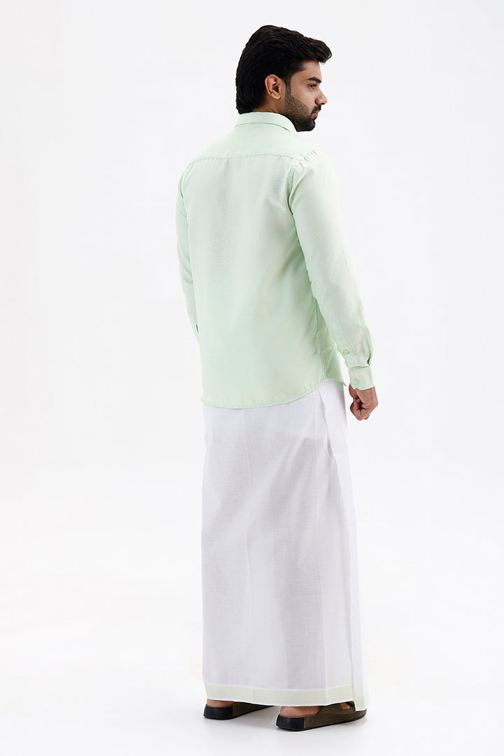 Men's Pistachio Green Single Layered Fancy Border Dhoti Set with Shirt