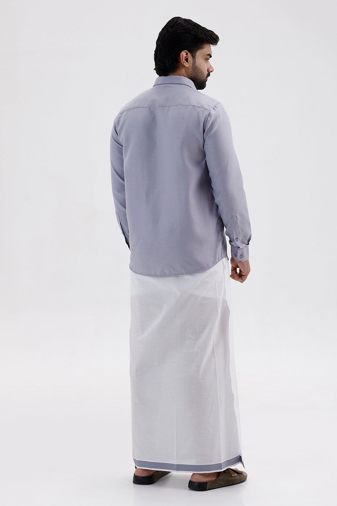 Men's Soft Steel Blue Single Layered Fancy Border Dhoti Set with Shirt