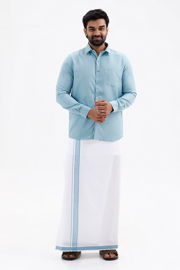 Max Cool Aqua Blue Shirt and Fancy Border Dhoti Set for Men