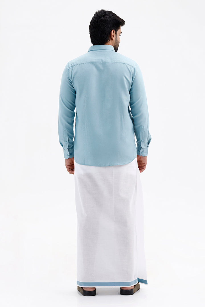 Men's Cool Aqua Blue Single Layered Fancy Border Dhoti Set with Shirt