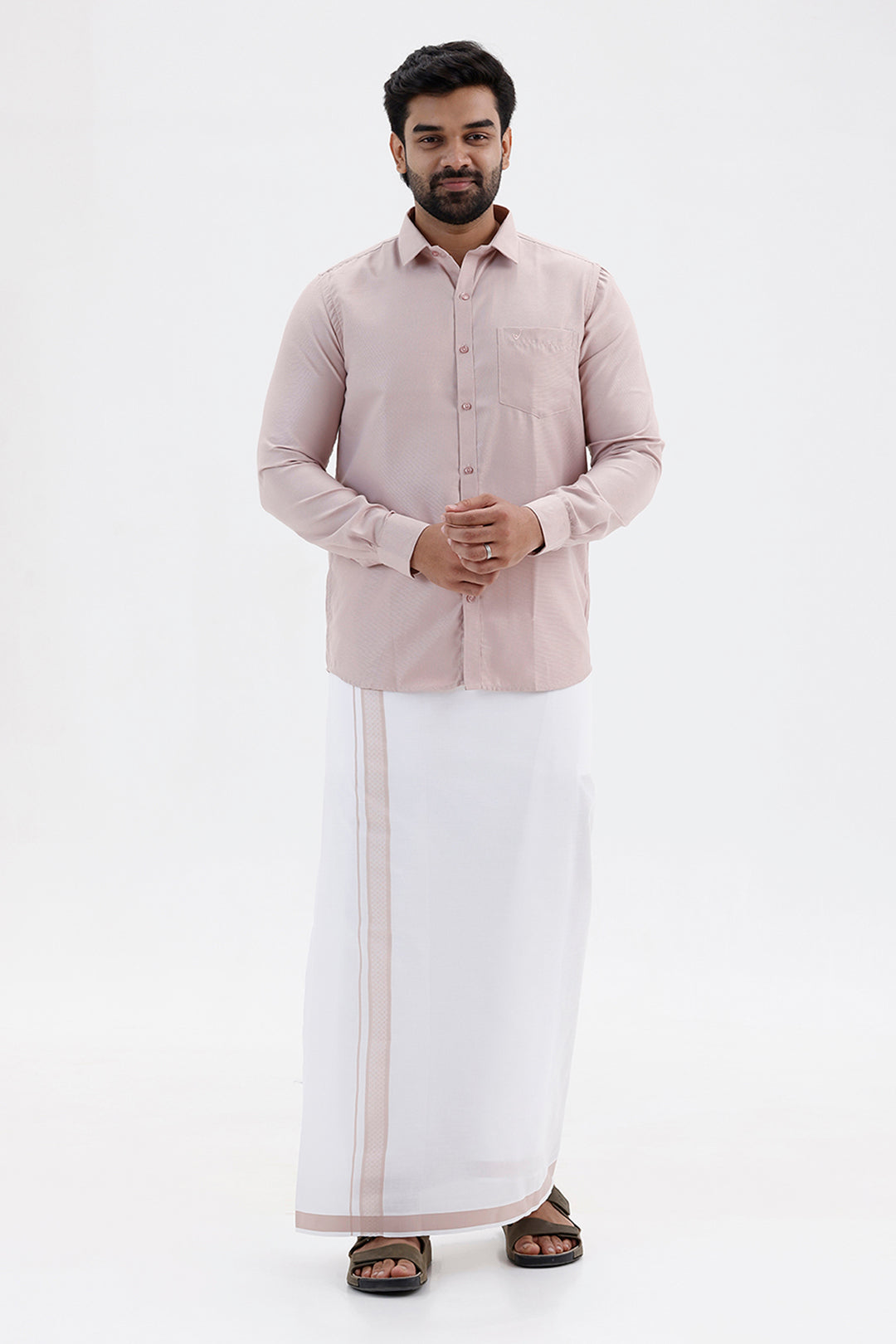 Max Pastel Pink Shirt and Fancy Border Dhoti Set for Men