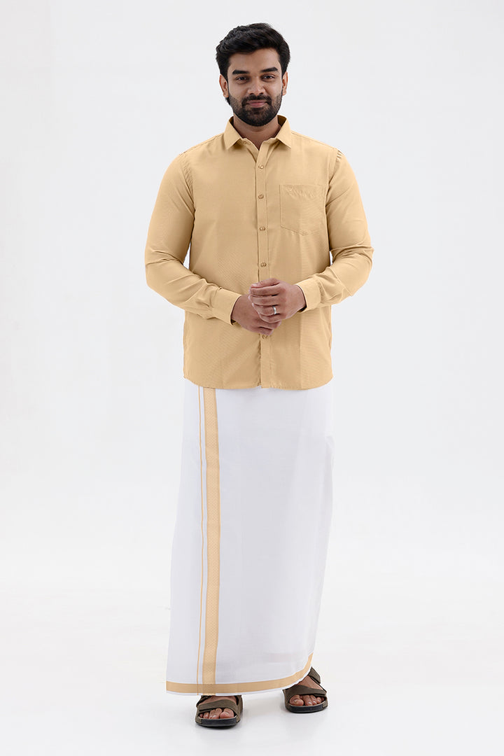 Max - Sand Beige Matching Shirt And Single Layered Fancy Border Dhoti Set For Men | Uathayam