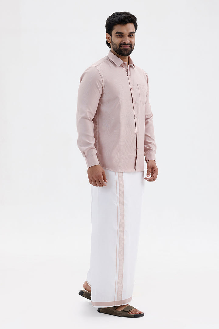 Men's Pastel Pink Single Layered Fancy Border Dhoti Set with Shirt