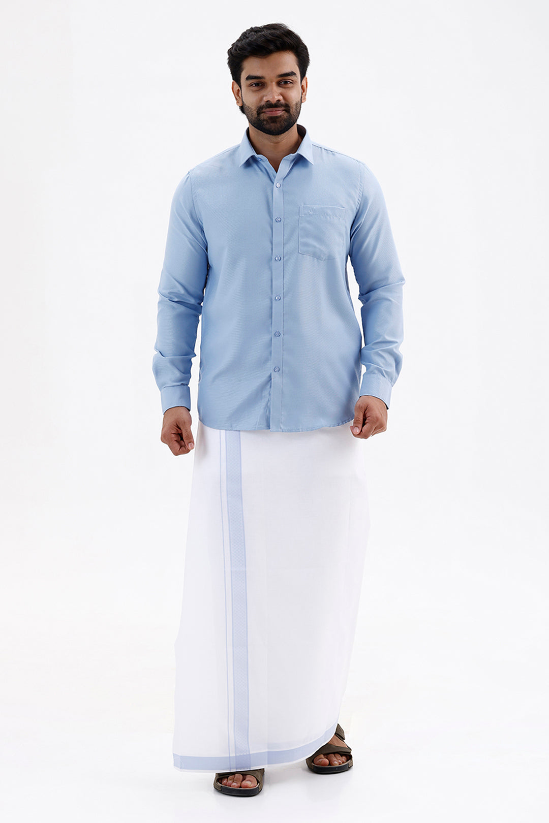 Max Classic Sky Blue Shirt and Fancy Border Dhoti Set for Men