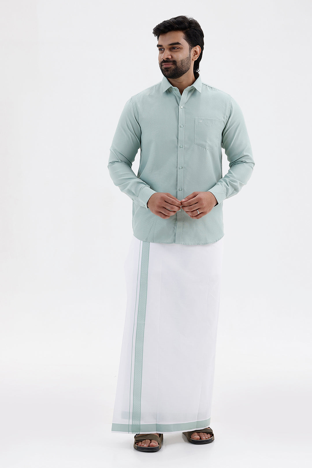 Max Sage Green Shirt and Fancy Border Dhoti Set for Men