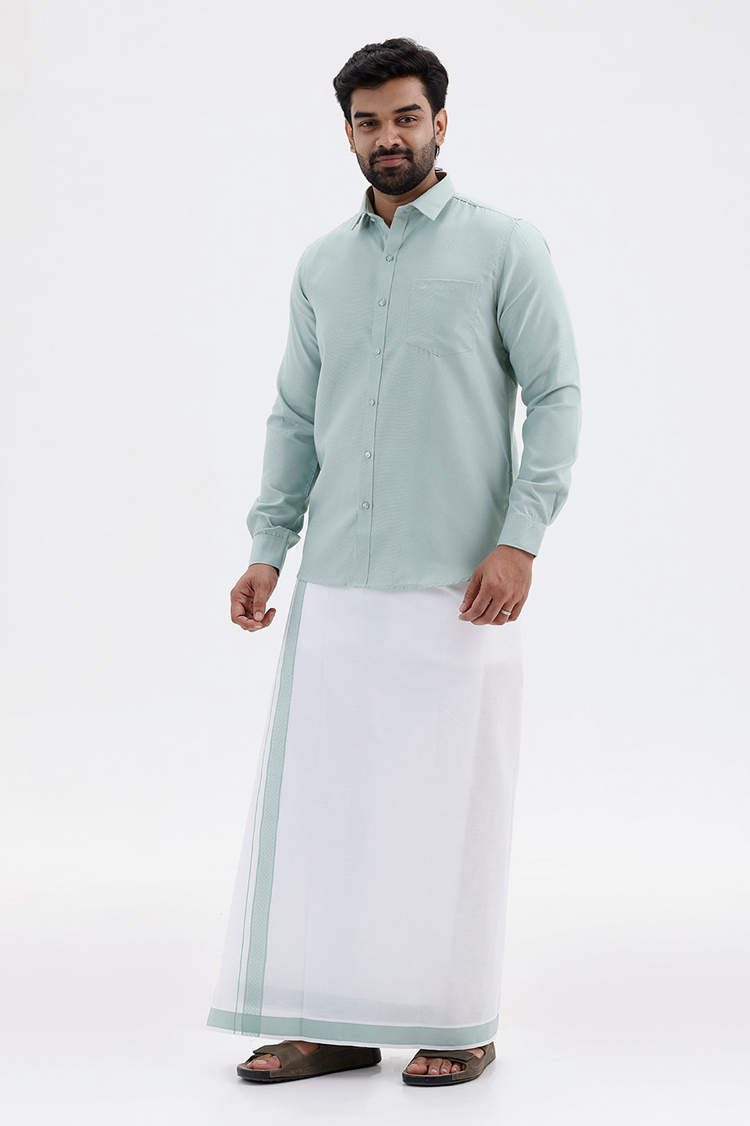 Men's Sage Green Single Layered Fancy Border Dhoti Set with Shirt