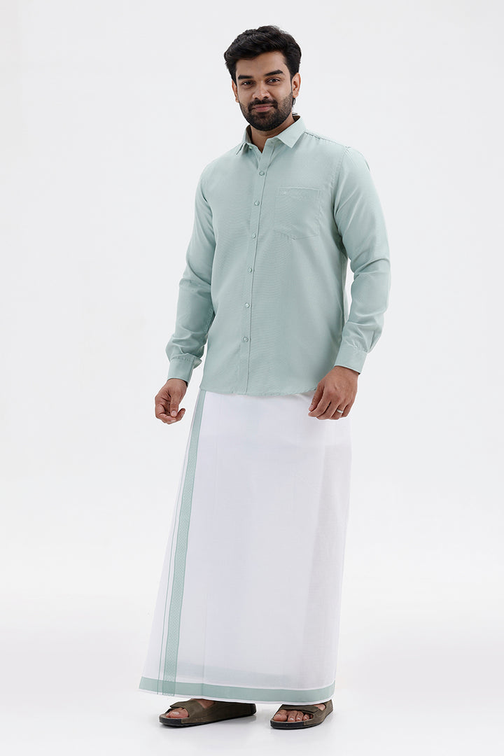 Men's Sage Green Single Layered Fancy Border Dhoti Set with Shirt