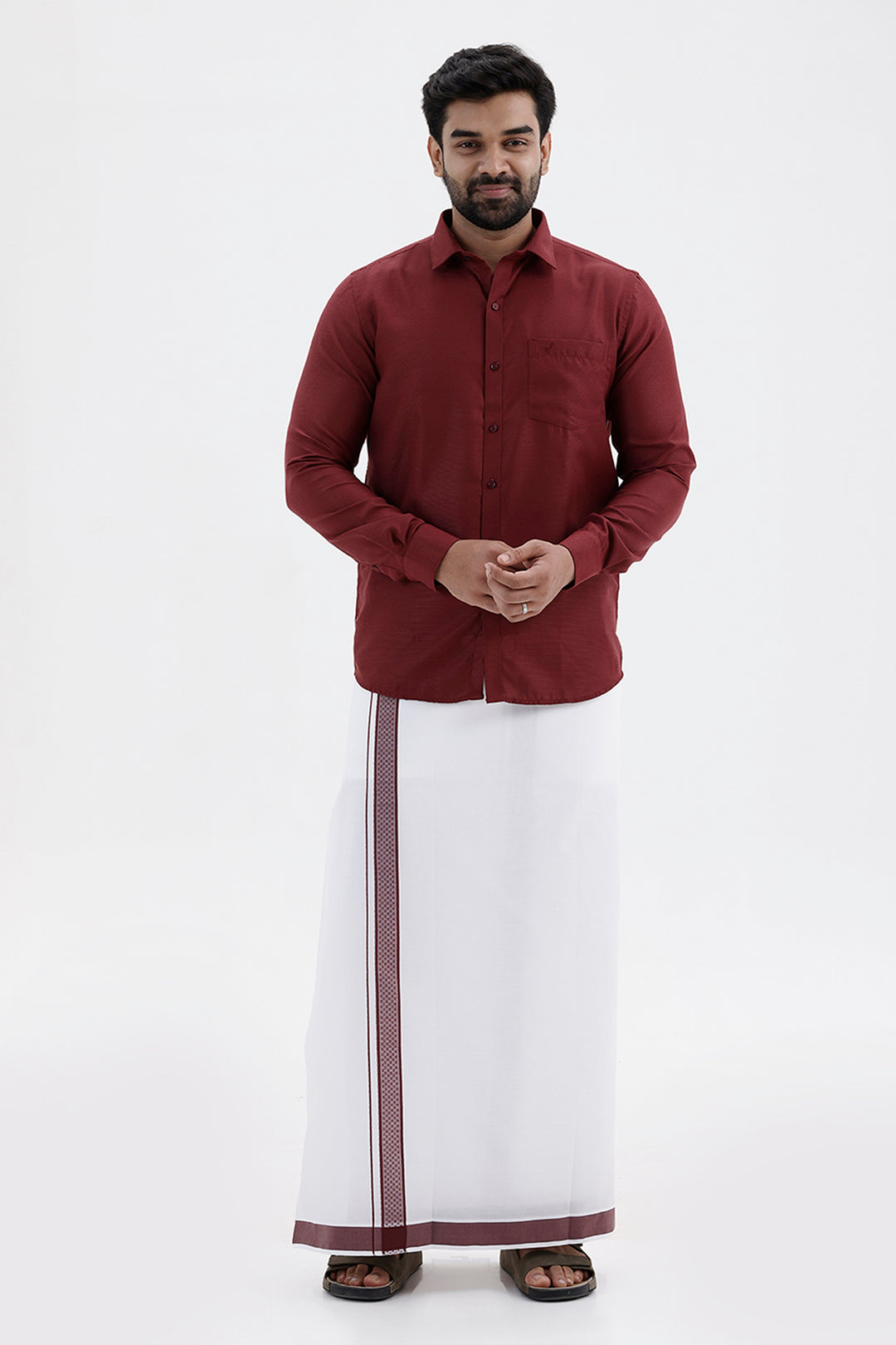 Max Deep Maroon Shirt and Fancy Border Dhoti Set for Men