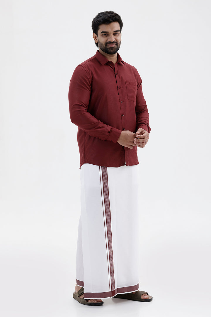Men's Deep Maroon Single Layered Fancy Border Dhoti Set with Shirt
