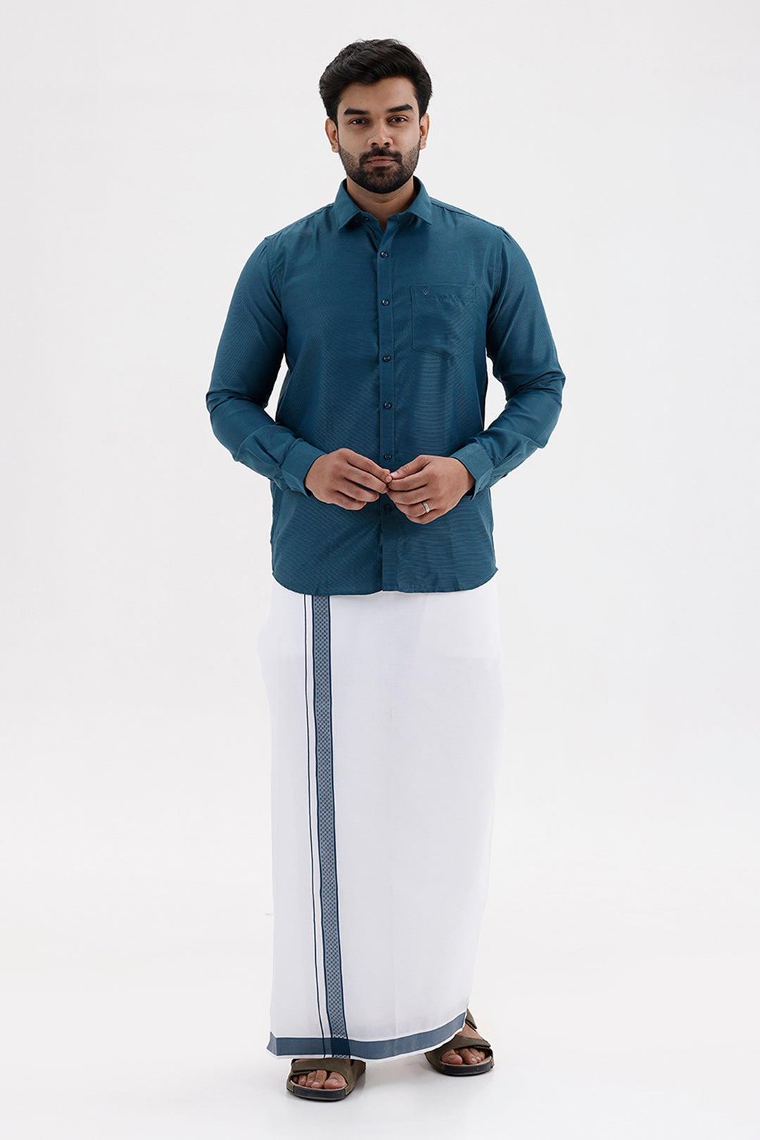 Max Deep Teal Green Shirt and Fancy Border Dhoti Set for Men