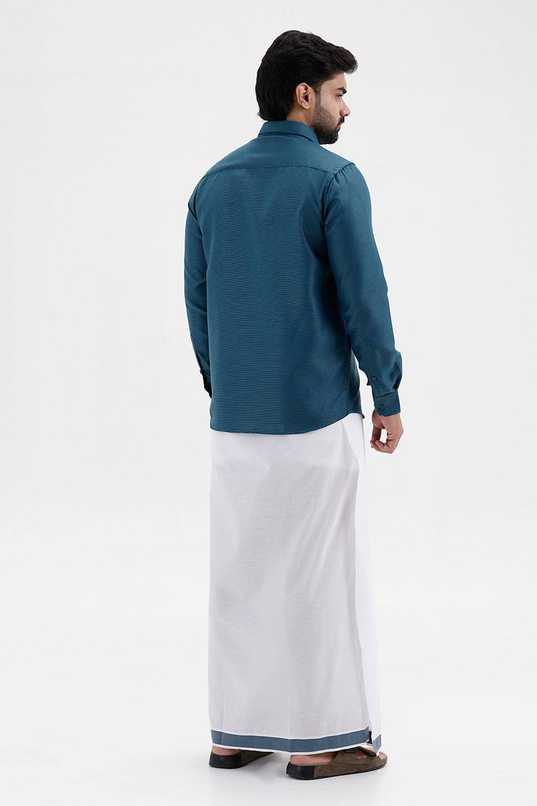 Men's Deep Teal Green Single Layered Fancy Border Dhoti Set with Shirt