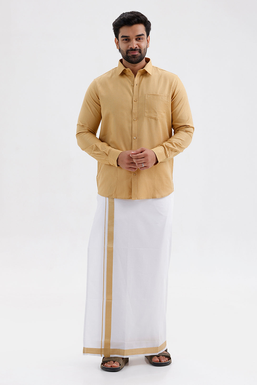Majestic Rich Gold Shirt and Fancy Border Dhoti Set for Men