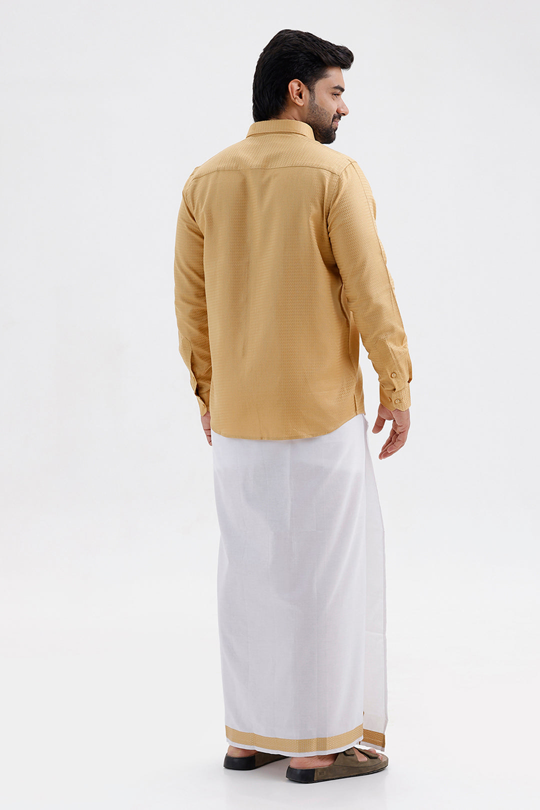 Men's Rich Gold Single Layered Fancy Border Dhoti Set with Shirt