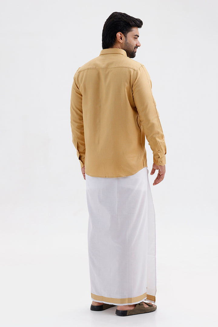 Men's Rich Gold Single Layered Fancy Border Dhoti Set with Shirt