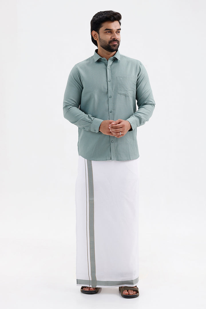 Majestic Sage Green Shirt and Fancy Border Dhoti Set for Men
