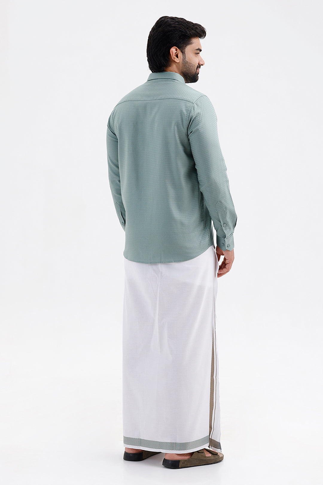 Men's Sage Green Single Layered Fancy Border Dhoti Set with Shirt