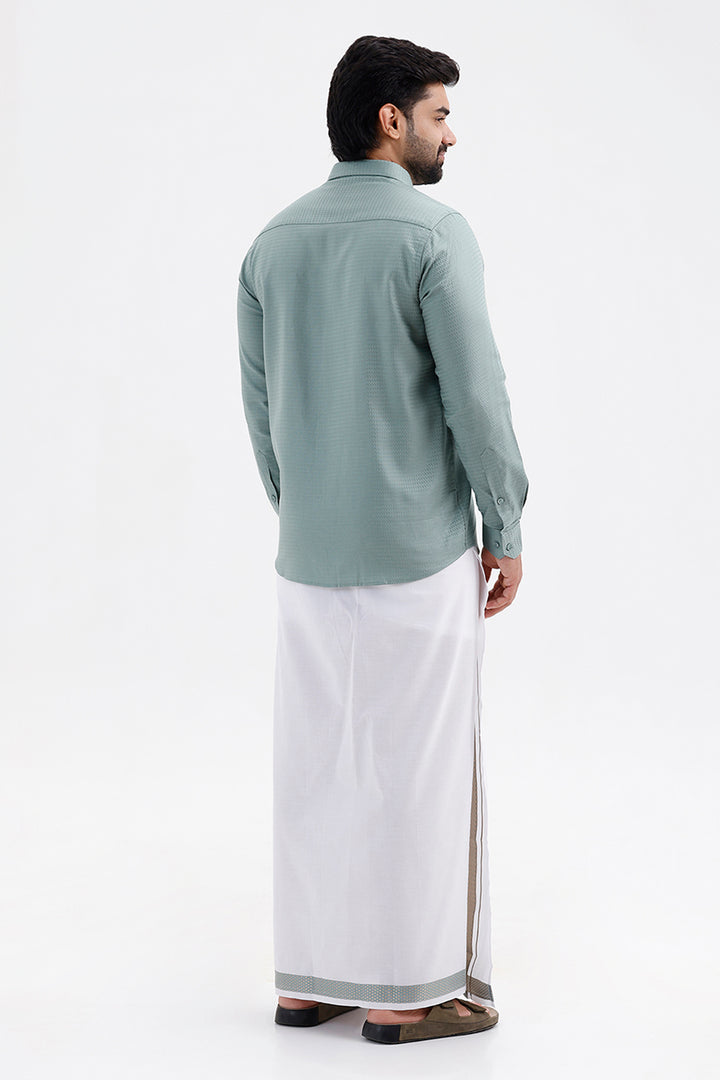 Men's Sage Green Single Layered Fancy Border Dhoti Set with Shirt