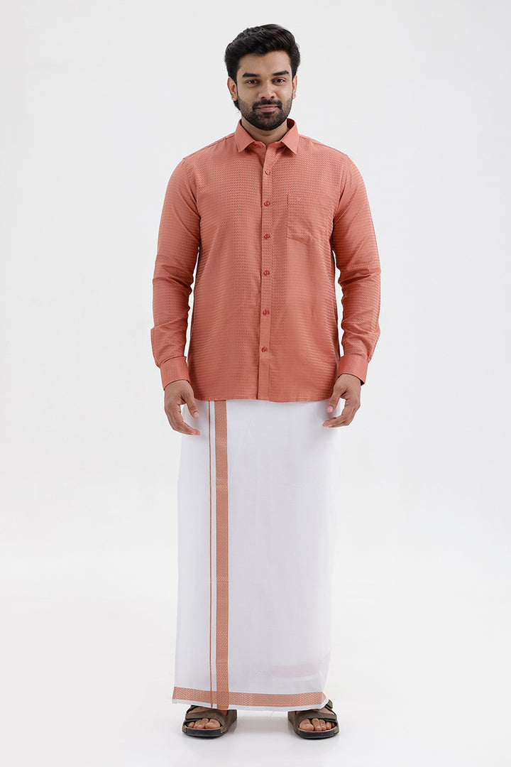 Majestic Copper Orange Shirt and Fancy Border Dhoti Set for Men