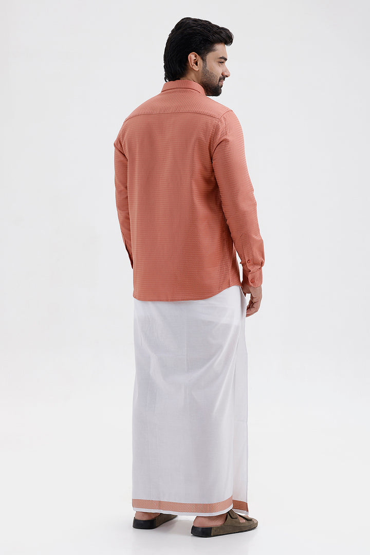 Men's Copper Orange Single Layered Fancy Border Dhoti Set with Shirt