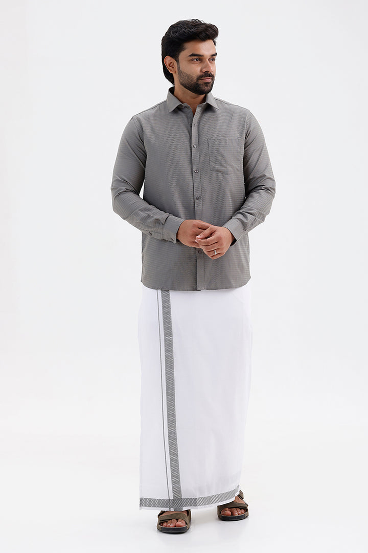 Majestic Steel Grey Shirt and Fancy Border Dhoti Set for Men