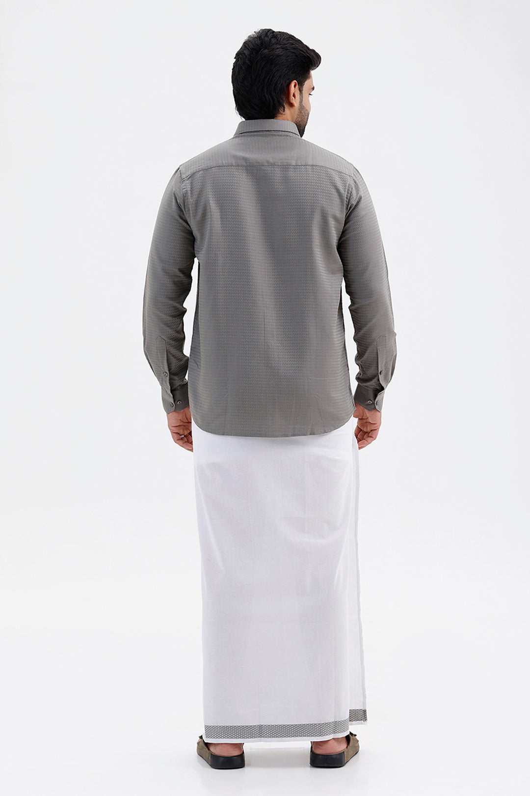 Men's Steel Grey Single Layered Fancy Border Dhoti Set with Shirt