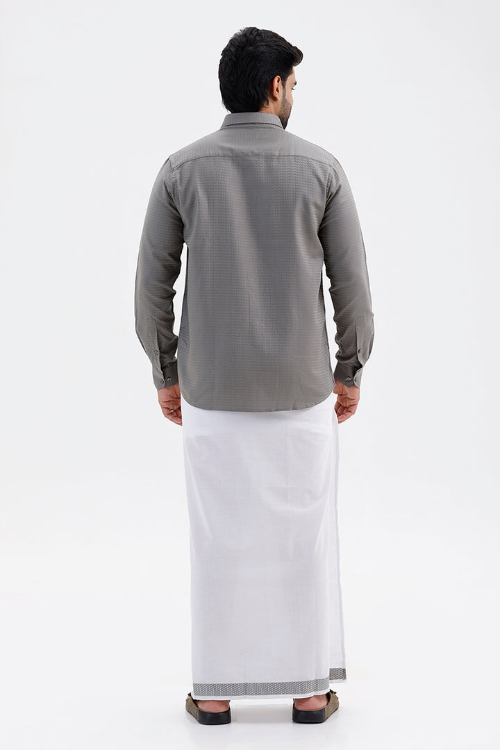 Men's Steel Grey Single Layered Fancy Border Dhoti Set with Shirt