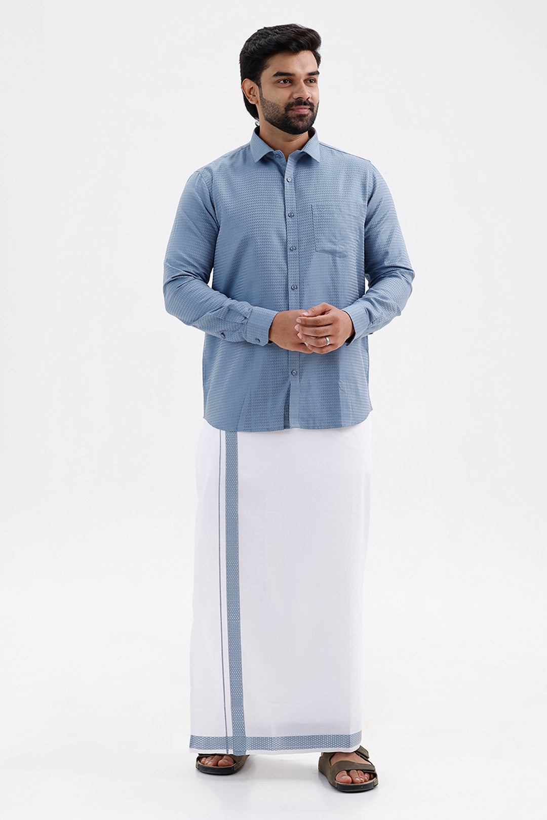 Majestic Denim Blue Shirt and Fancy Border Dhoti Set for Men