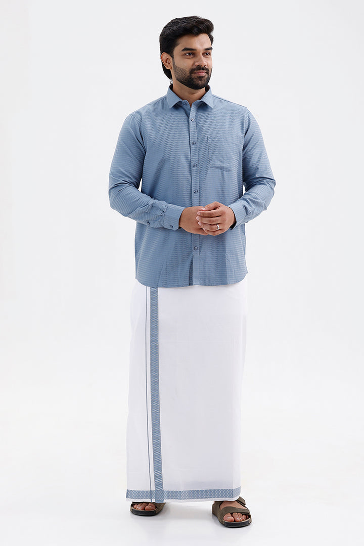 Majestic Denim Blue Shirt and Fancy Border Dhoti Set for Men