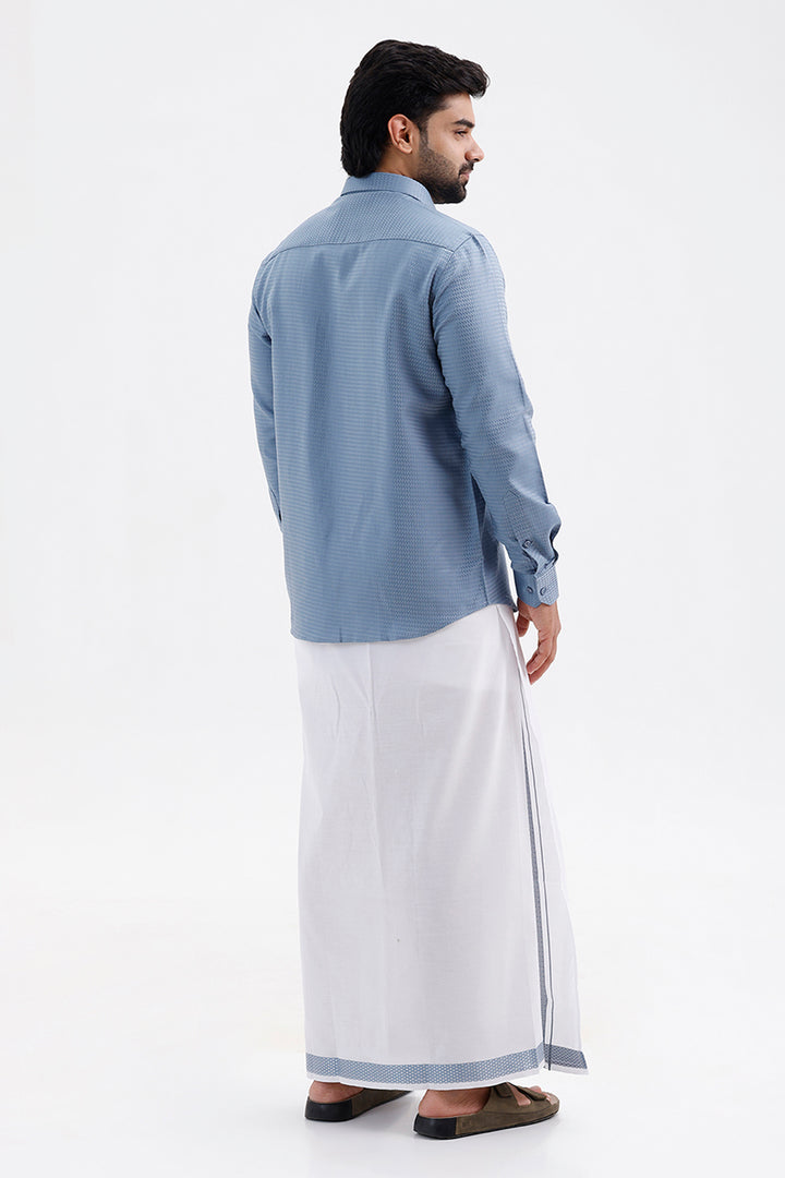 Men's Denim Blue Single Layered Fancy Border Dhoti Set with Shirt