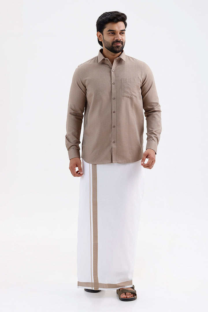 Majestic Sand Beige Shirt and Fancy Border Dhoti Set for Men