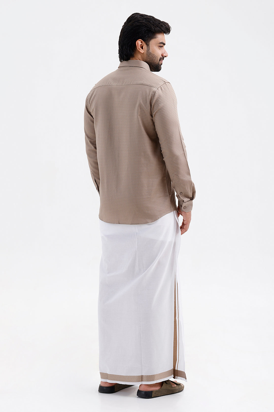 Men's Sand Beige Single Layered Fancy Border Dhoti Set with Shirt