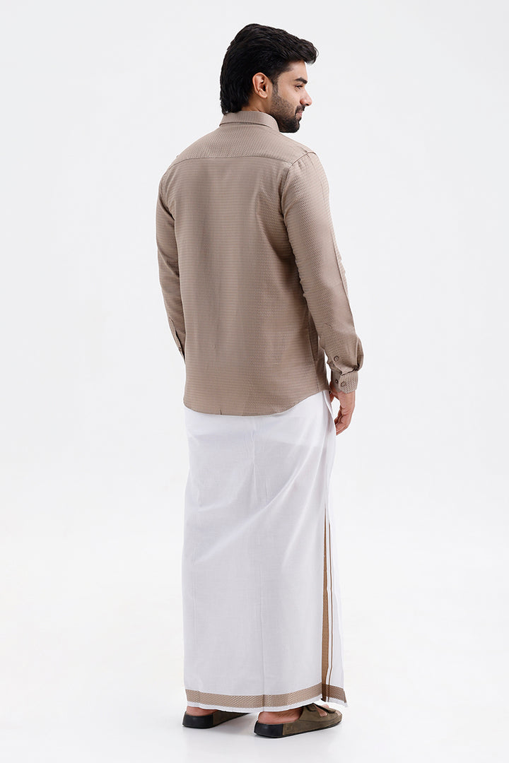 Men's Sand Beige Single Layered Fancy Border Dhoti Set with Shirt