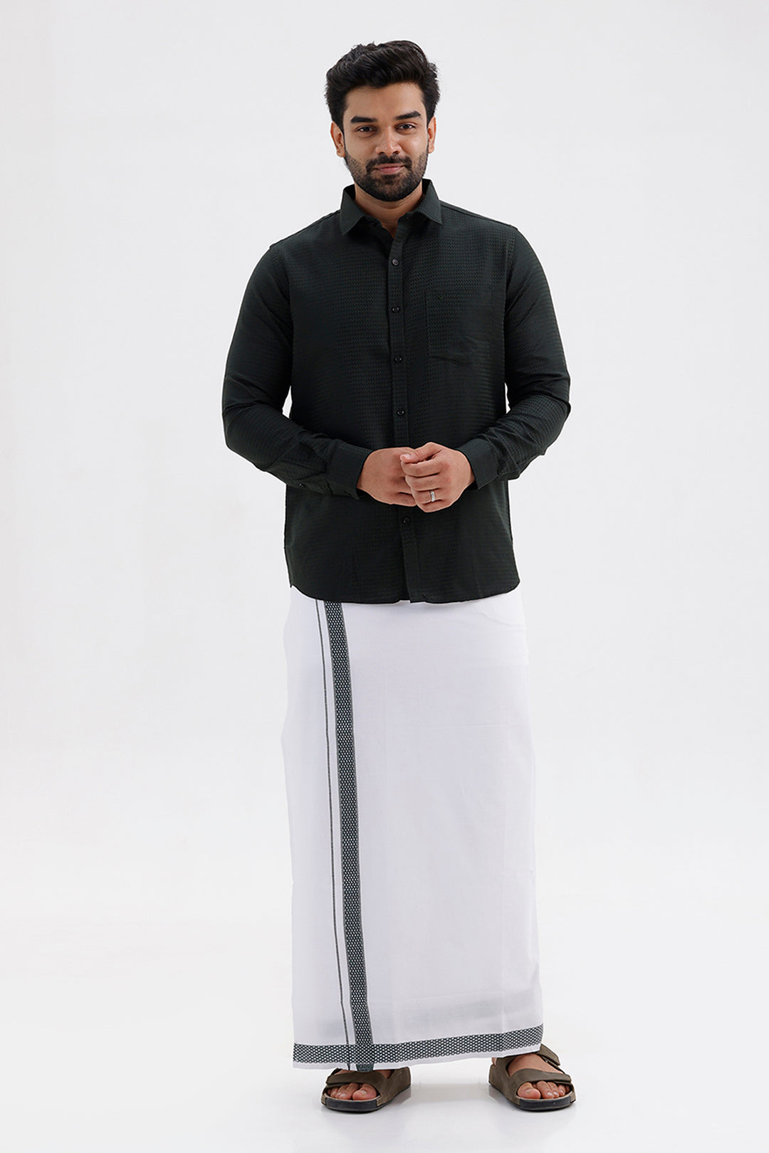 Majestic Deep Green Shirt and Fancy Border Dhoti Set for Men