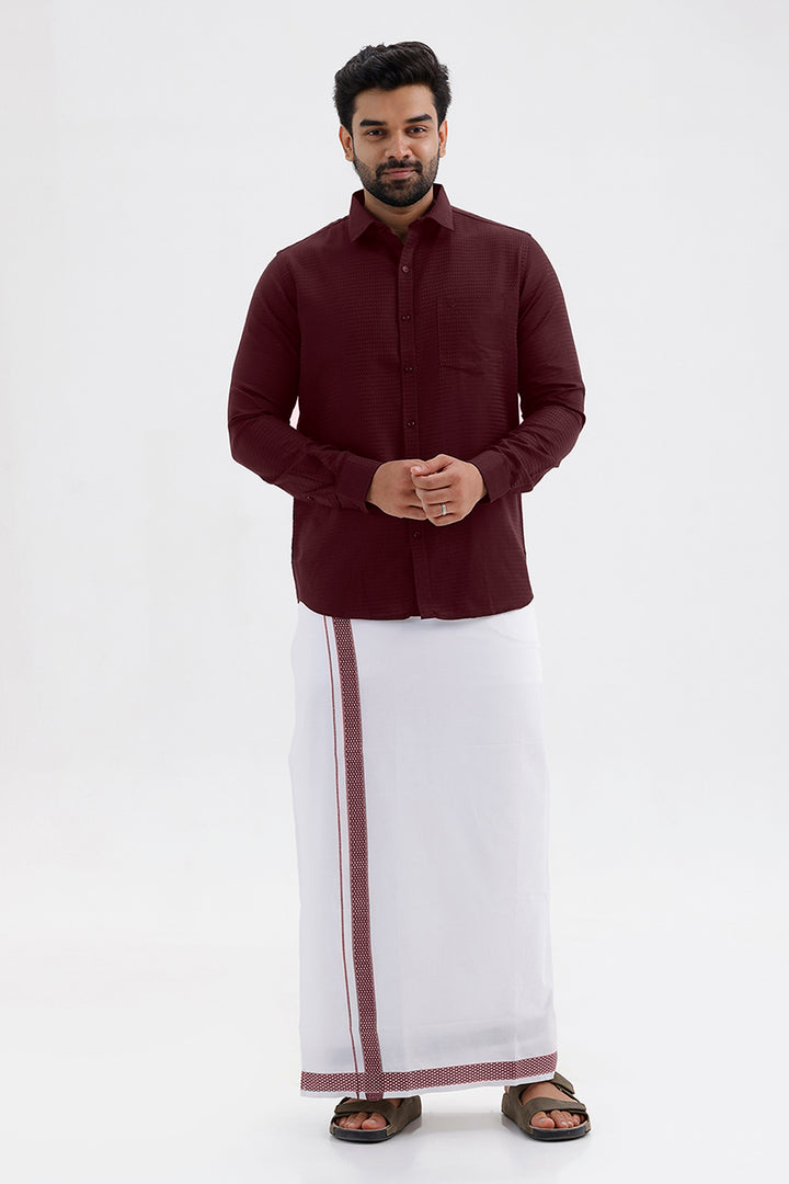 Majestic - Wine Maroon Matching Shirt And Single Layered Fancy Border Dhoti Set For Men | Uathayam