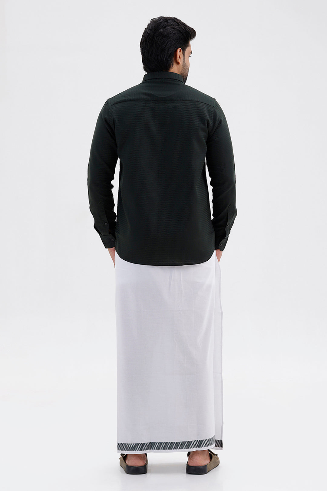 Men's Deep Green Single Layered Fancy Border Dhoti Set with Shirt