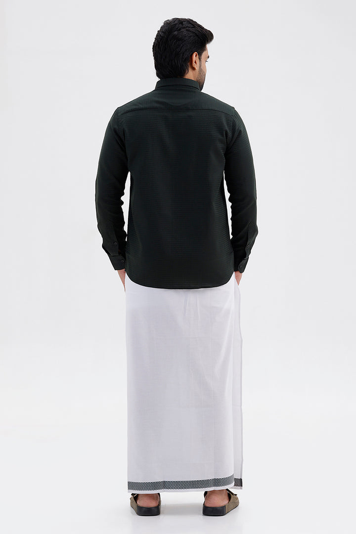 Men's Deep Green Single Layered Fancy Border Dhoti Set with Shirt