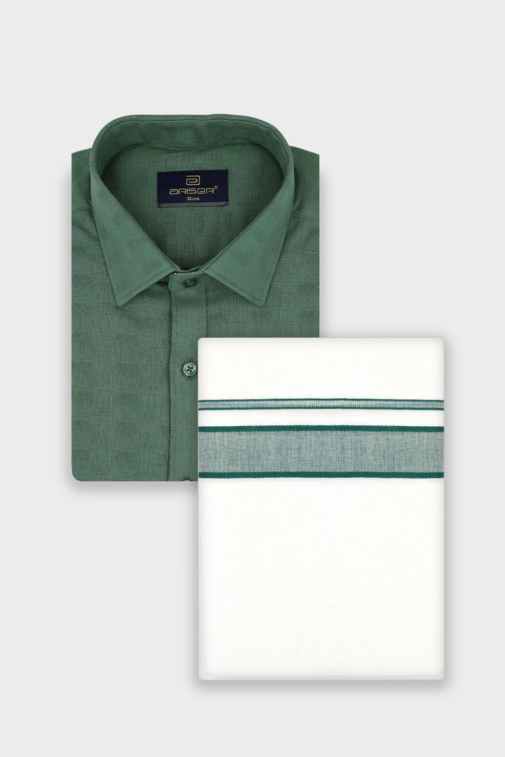 A folded green collared dress shirt shown with a matching white folded cloth featuring two horizontal green stripes, on a light gray background.