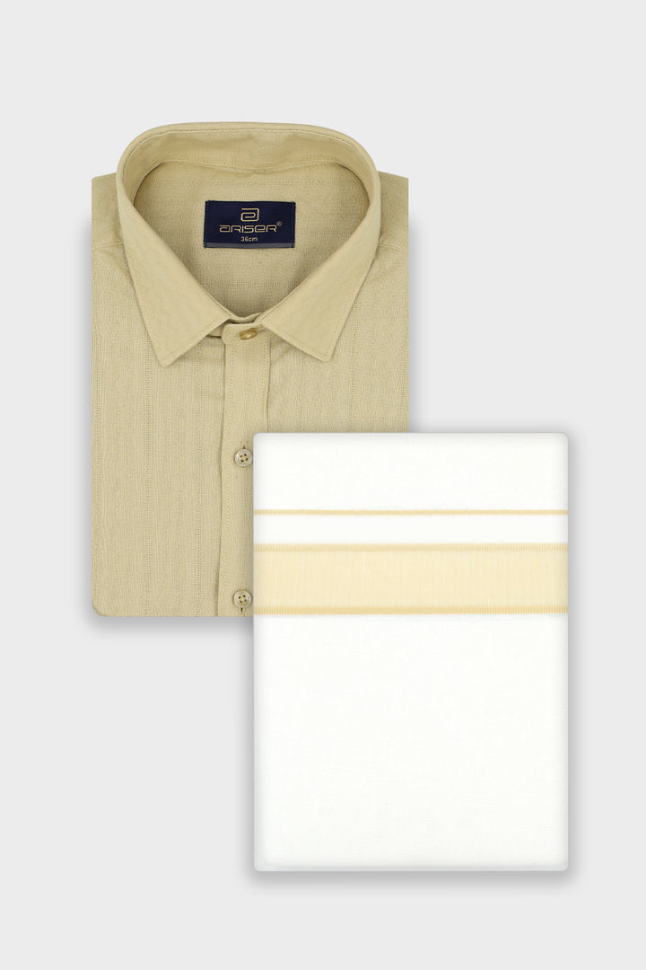 A folded beige button-up dress shirt shown with a matching white pillowcase featuring two horizontal beige stripes, on a light gray background.