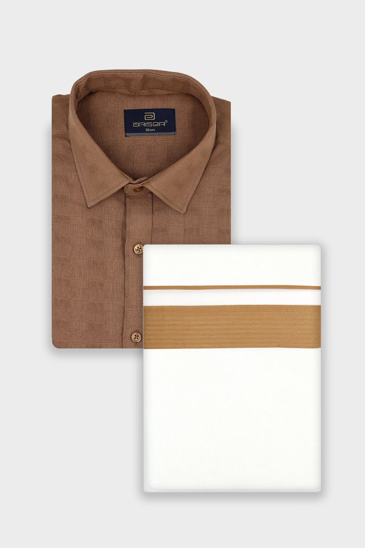A brown-collared button-up shirt folded on top of a folded white fabric piece with two horizontal tan stripes, shown on a light gray background.