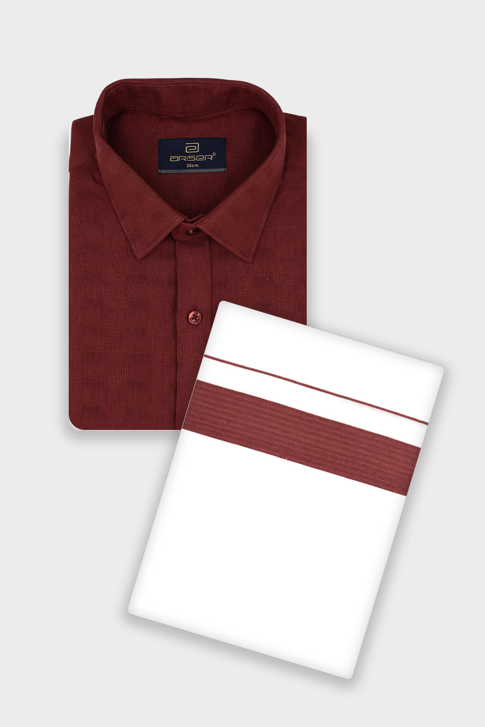 A folded Brick Red shirt with a matching border 