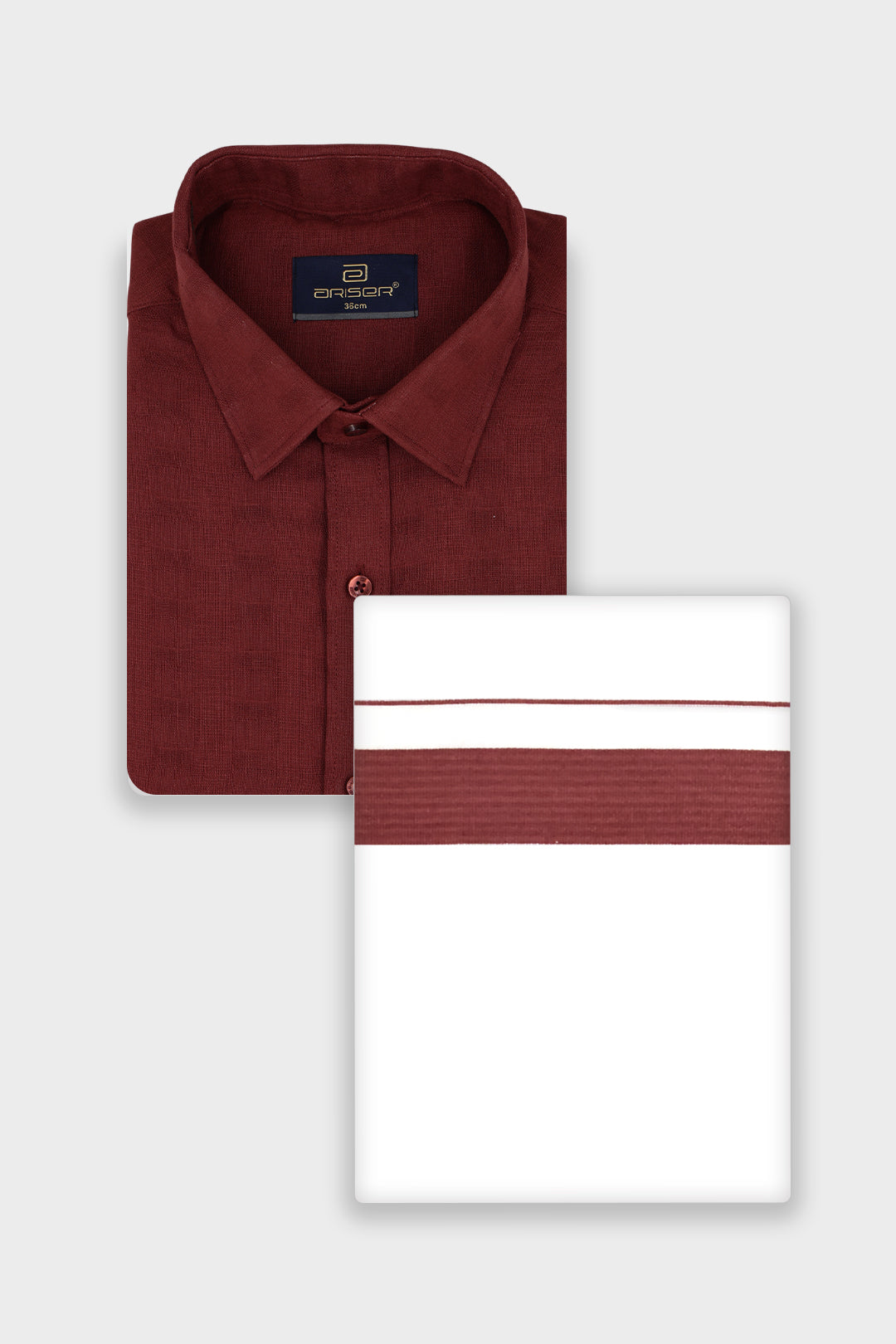 A folded Brick Red shirt and Dhoti